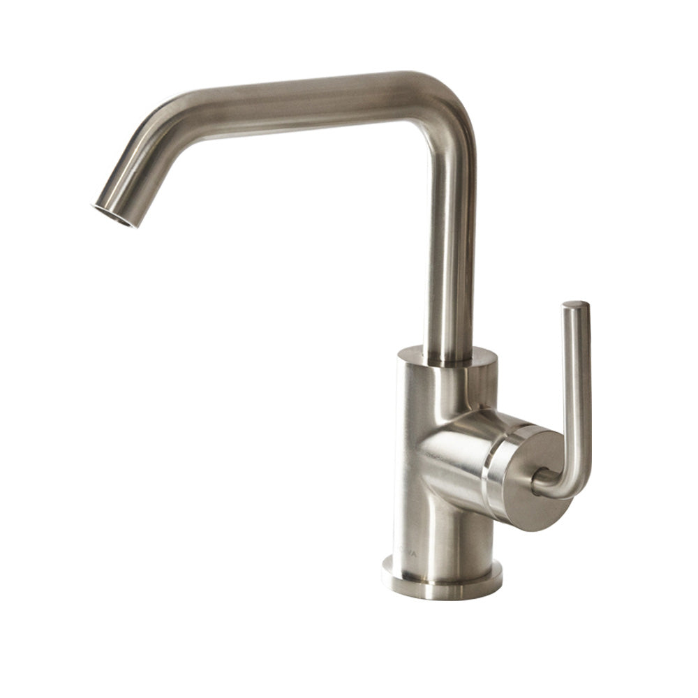 Lacava - Deck-Mount Single-Hole Faucet With A Squared-Gooseneck Swiveling Spout, One Curved Lever Handle, And A Pop-Up Drain. 6 3/4" Spout Projection. Water Flow Rate: 1.2 Gpm Pressure Compensating Aerator.