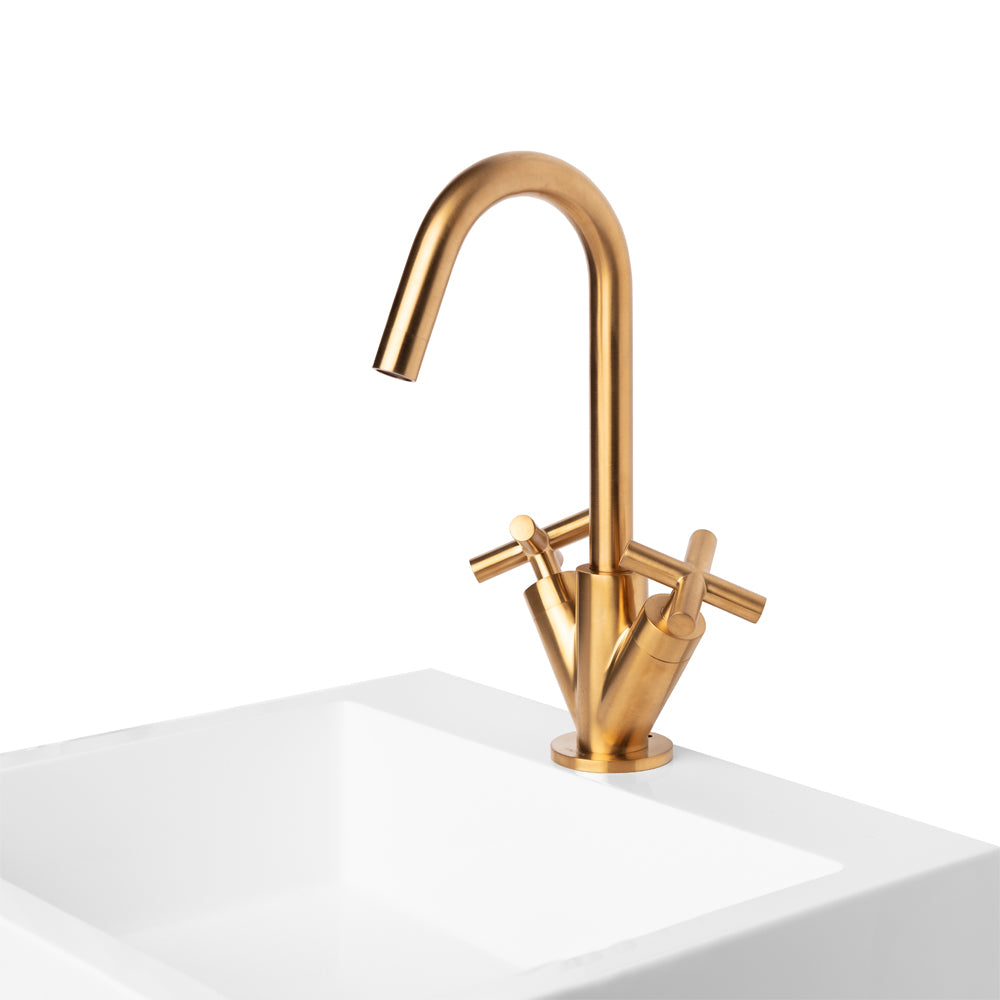 Lacava - Deck-Mount Single-Hole Faucet With A Goose-Neck Swiveling Spout, Two Cross Handles, And A Pop-Up Drain. Water Flow Rate: 1 Gpm Pressure Compensating Aerator.