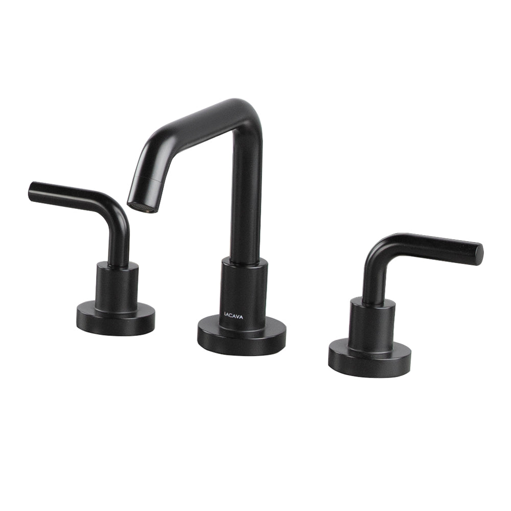Lacava - Deck-Mount Three-Hole Faucet With A Squared-Gooseneck Swiveling Spout, Two Curved Lever Handles, And A Pop-Up Drain. Water Flow Rate: 1.2 Gpm Pressure Compensating Aerator.