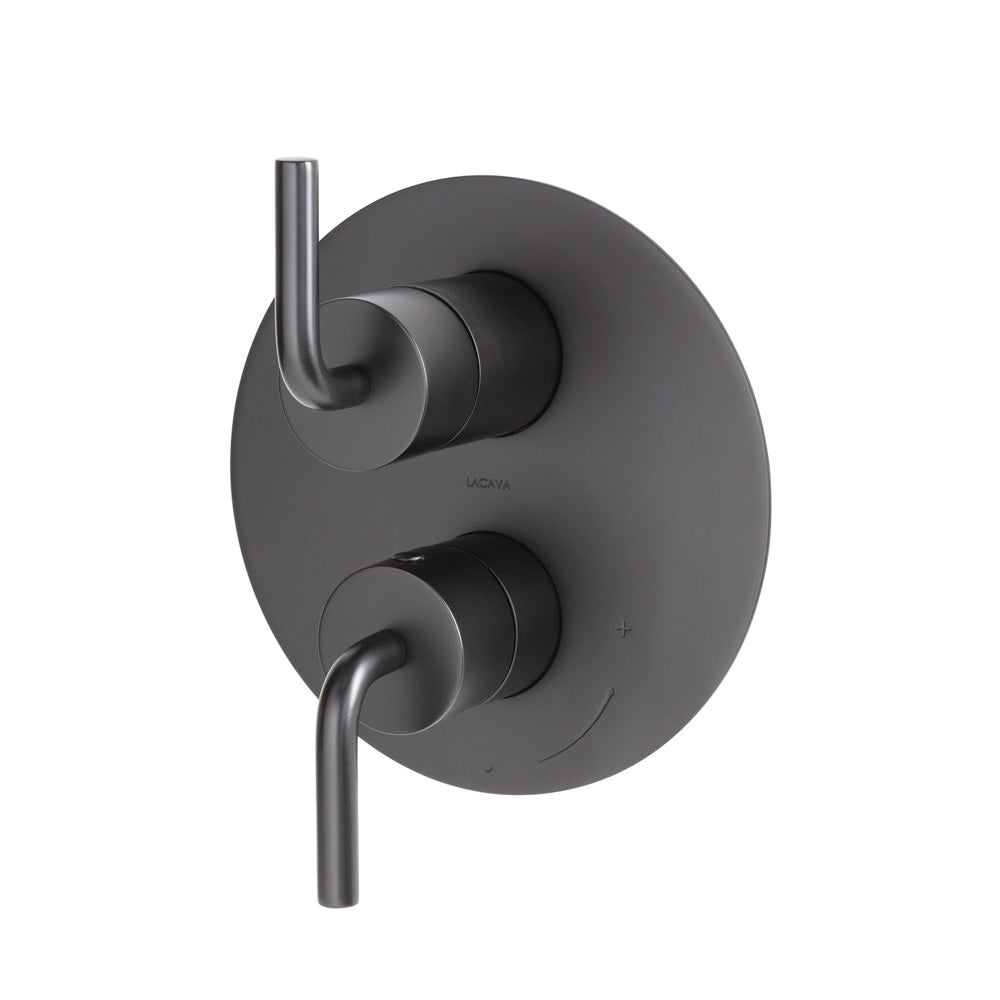 Lacava - Built-In Progressive Pressure Balancing Mixer With 3- Way Diverter, Two Curved Lever Handles And A Round Backplate. Water Flow Rate: 5.6 Gpm At 45 Psi.