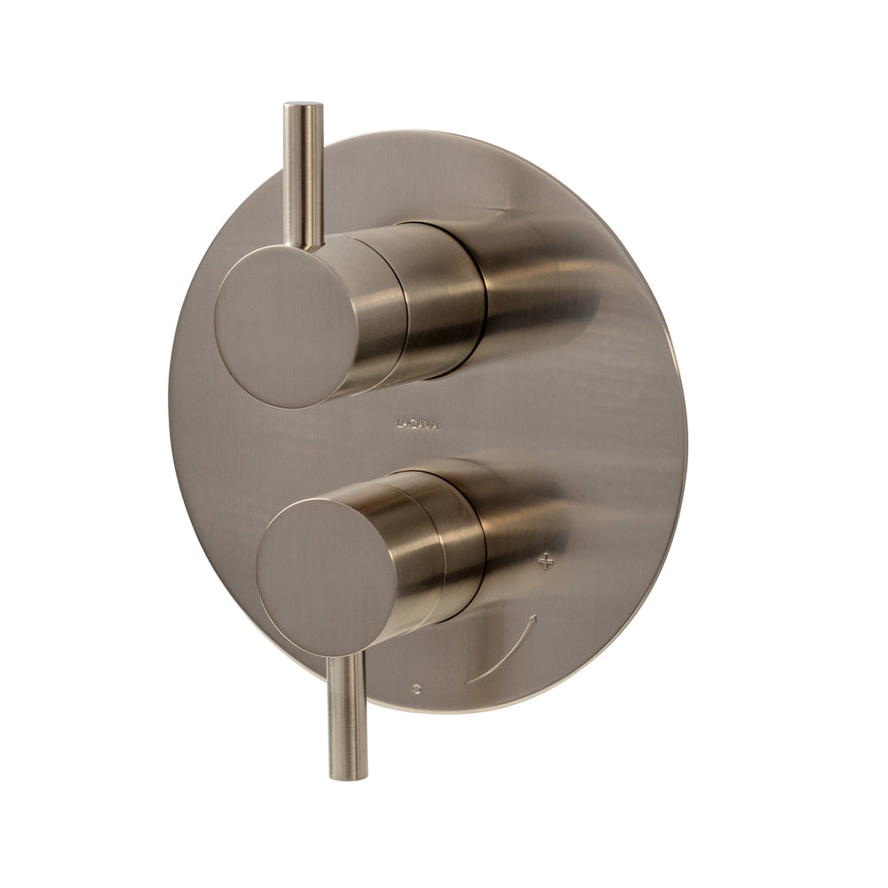 Lacava - Built-In Progressive Pressure Balancing Mixer With 3- Way Diverter, Two Lever Handles And A Round Backplate. Water Flow Rate: 5.6 Gpm At 45 Psi.