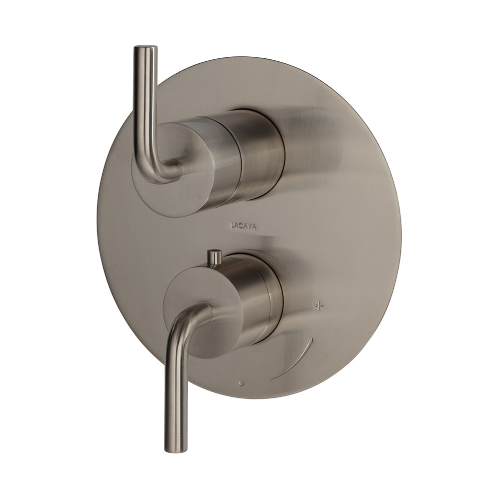 Lacava - Trim Only - Thermostat W 3-Way Shared Diverter + Off, Flow Rate 6.1 Gpm (43.5 Psi) Curved Lever Handles, Round Back Plate