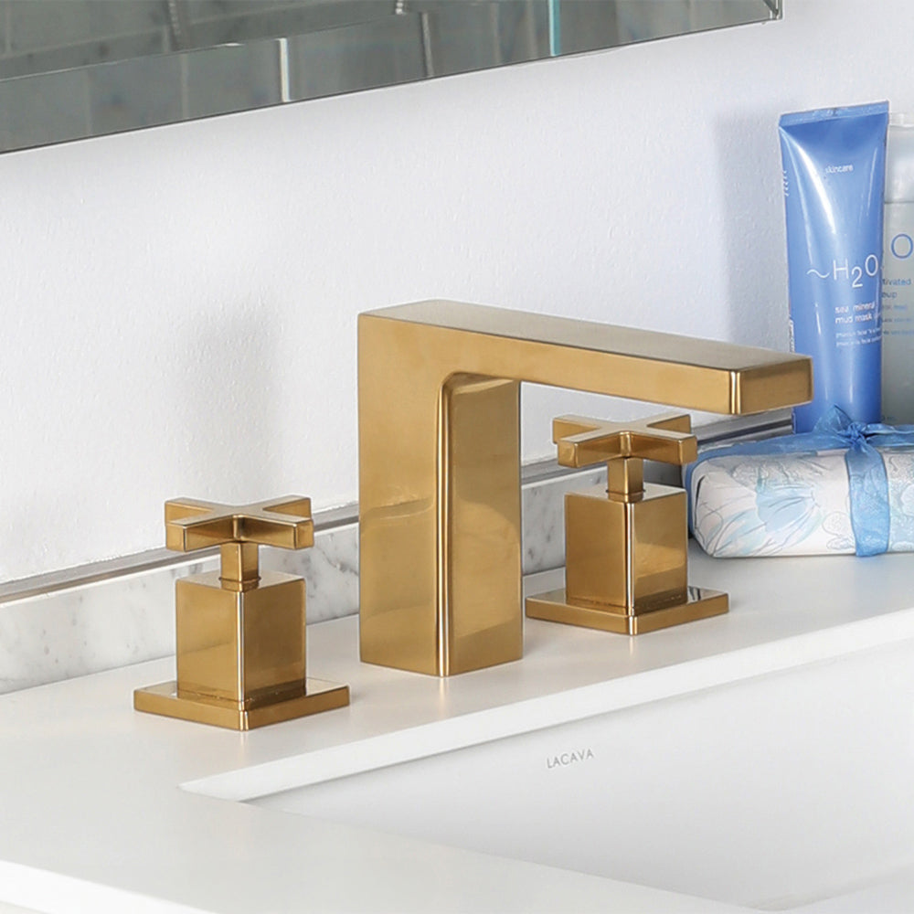 Lacava - Deck Mount Three Hole Facuet With A Square Neck Spout, Two Handles, And A Pop Up, Drain Included With Cross Handle Spout: 6", H: 5 1/8"