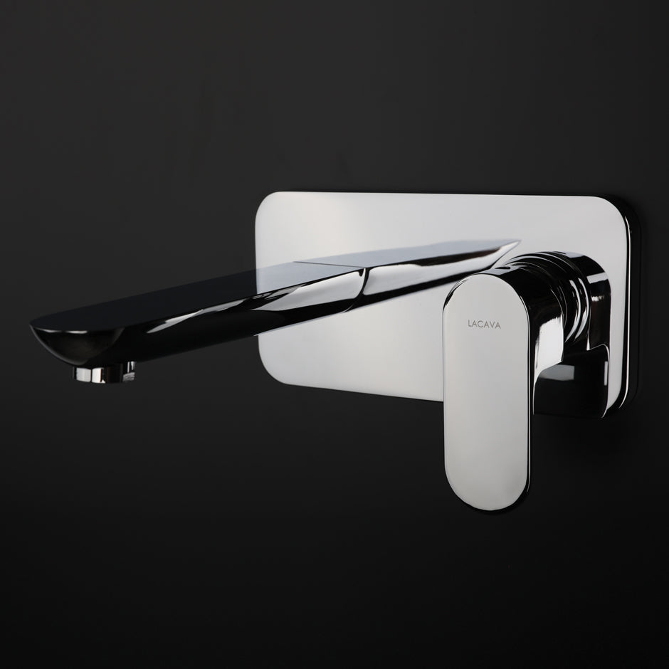 Lacava - ** Discontinued ** Trim - Wall-Mount Two-Hole Faucet With One Level Handle And Backplate. Water Flow Rate: 1.2Gpm Pressure Compensating Aerator. W:7 7/8", H; 4", Spout: 6 3/4".
