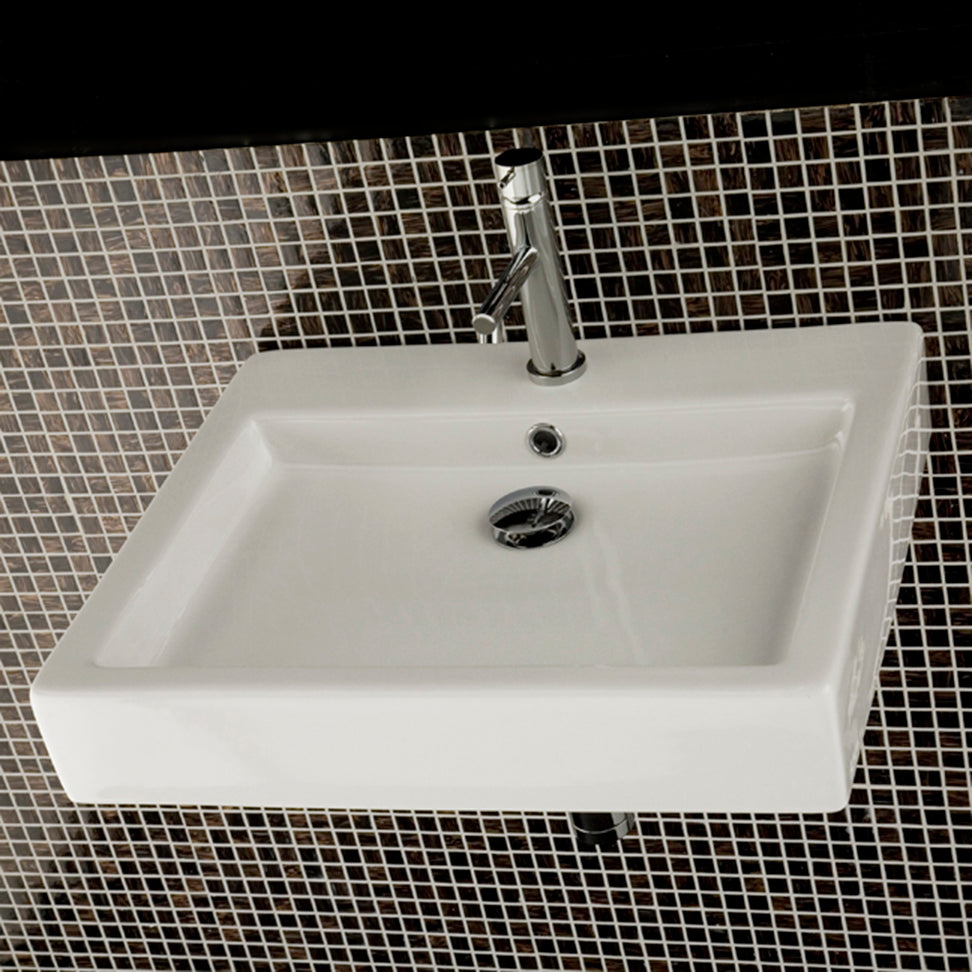 Lacava 5030-03-001 - Wall-Mounted Or Above-Counter Porcelain Bathroom Sink With Overflow, 22 1/4"W, 18 1/2"D, 4"H, With 00 - No Faucet Holes, 01 - One Faucet Hole, 02 - Two Faucet Holes, 03 - Three Faucet Holes In 8" Spread. Unfinished Back.