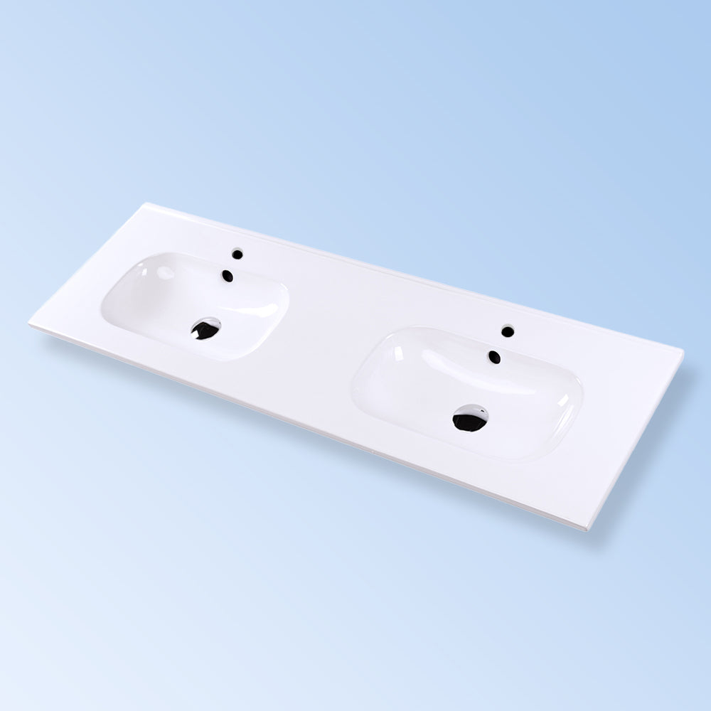 Lacava 8071-01-001 - Vanity Top Porcelain Double Bowl Bathroom Sink With Overflow W: 55 3/4", D: 18", H: 6", With 00 - No Faucet Holes, 01 - One Faucet Hole, 02 - Two Faucet Holes (Center & Right) Or 03 - Three Faucet Holes In 8" Spread.