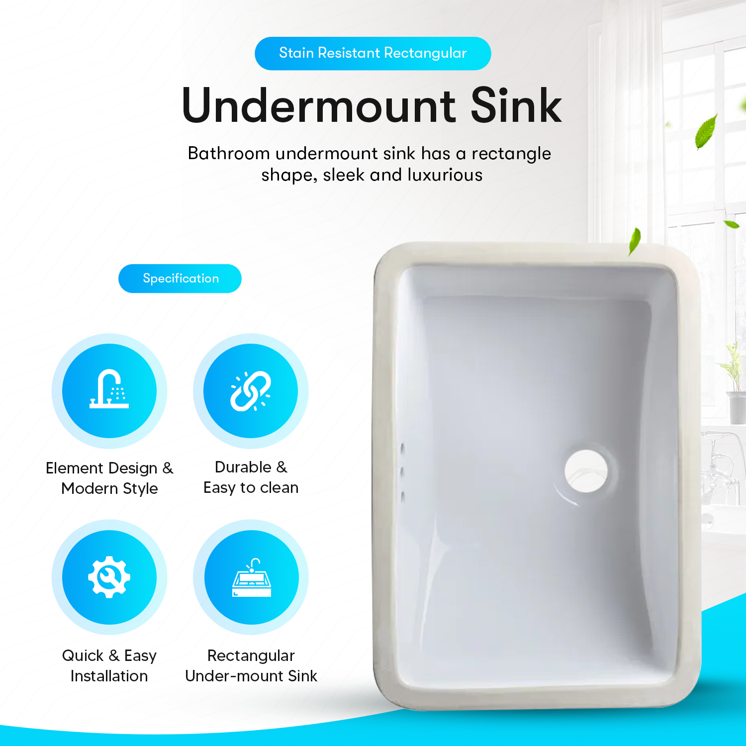 Undermount Bathroom Sink w/ Overflow (20" X 14" X 9")