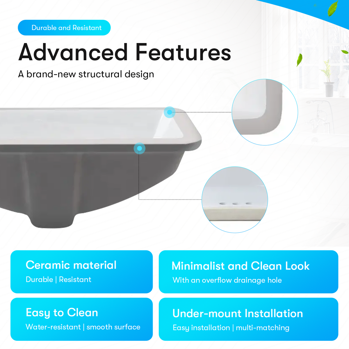 Undermount Bathroom Sink w/ Overflow (20" X 14" X 9")