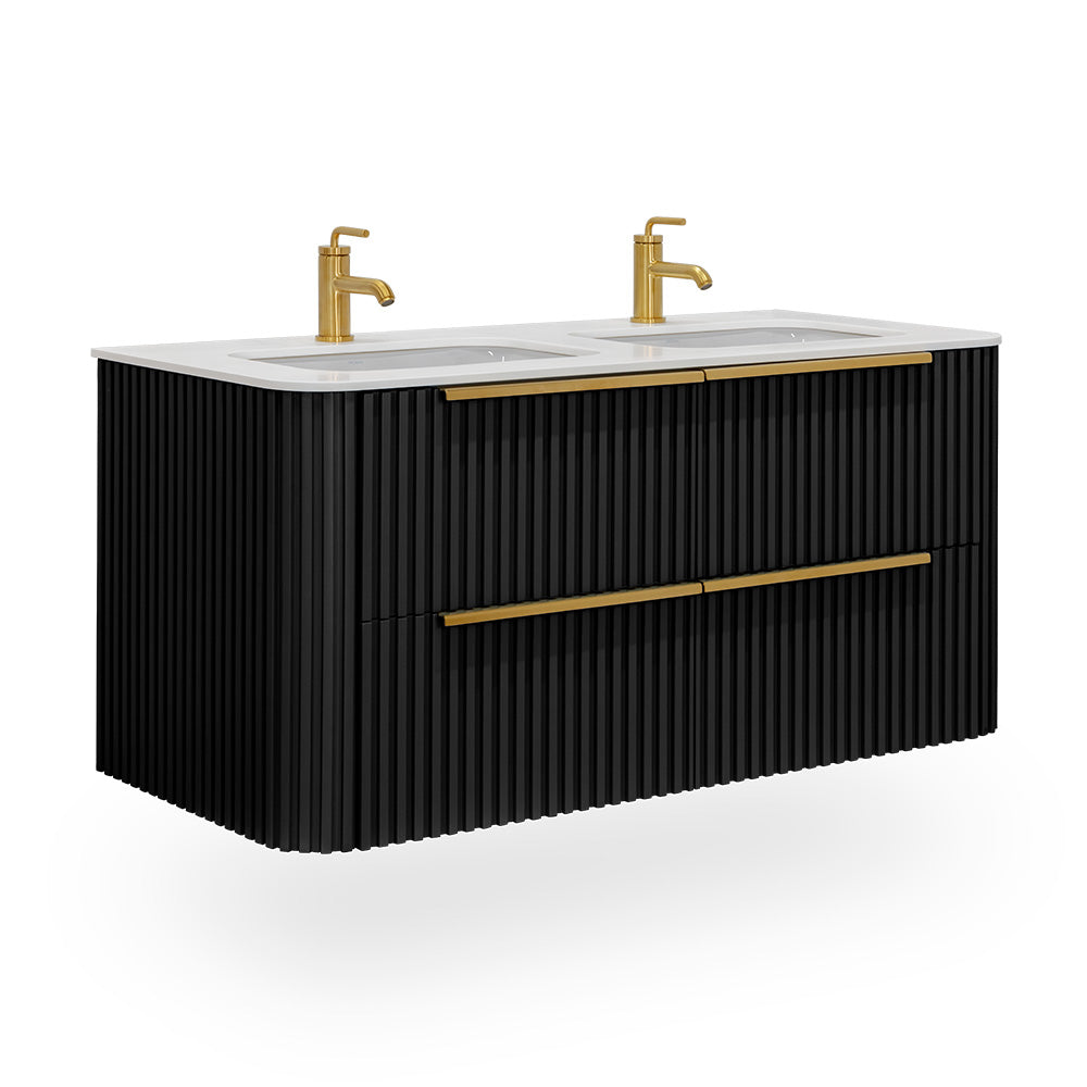 Lacava - Wall-Mount Under-Counter Vanity With Rounded Corners, Fluted Detailing And Four Drawers. Countertop Flt-48Dt And Sinks H270 Are Sold Separately. Pulls K131 Included And Installed. Shipping Class 4. W: 47-1/2", D: 21-3/4", H:22"