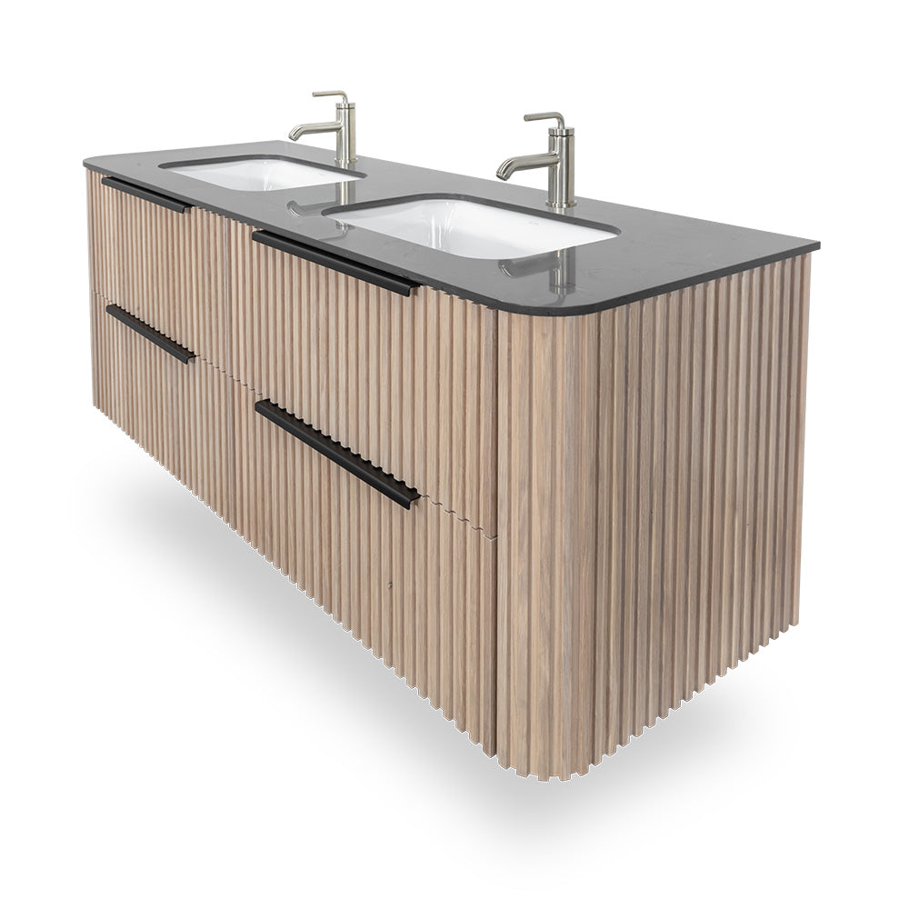 Lacava - Wall-Mount Under-Counter Vanity With Rounded Corners, Fluted Detailing And Four Drawers. Countertop Flt-60Dt And Sinks H270 Are Sold Separately. Pulls K131 Included And Installed. Shipping Class 4. W: 59-1/2", D: 21-3/4", H:22"