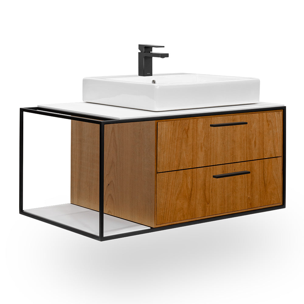 Lacava - Cabinet Of Wall-Mount Under-Counter Vanity Lin-Vs-36R With Sink On The Right, Two Drawers (Pulls Included), Metal Frame, Solid Surface Countertop And Shelf. W: 26", D: 21", H: 15".