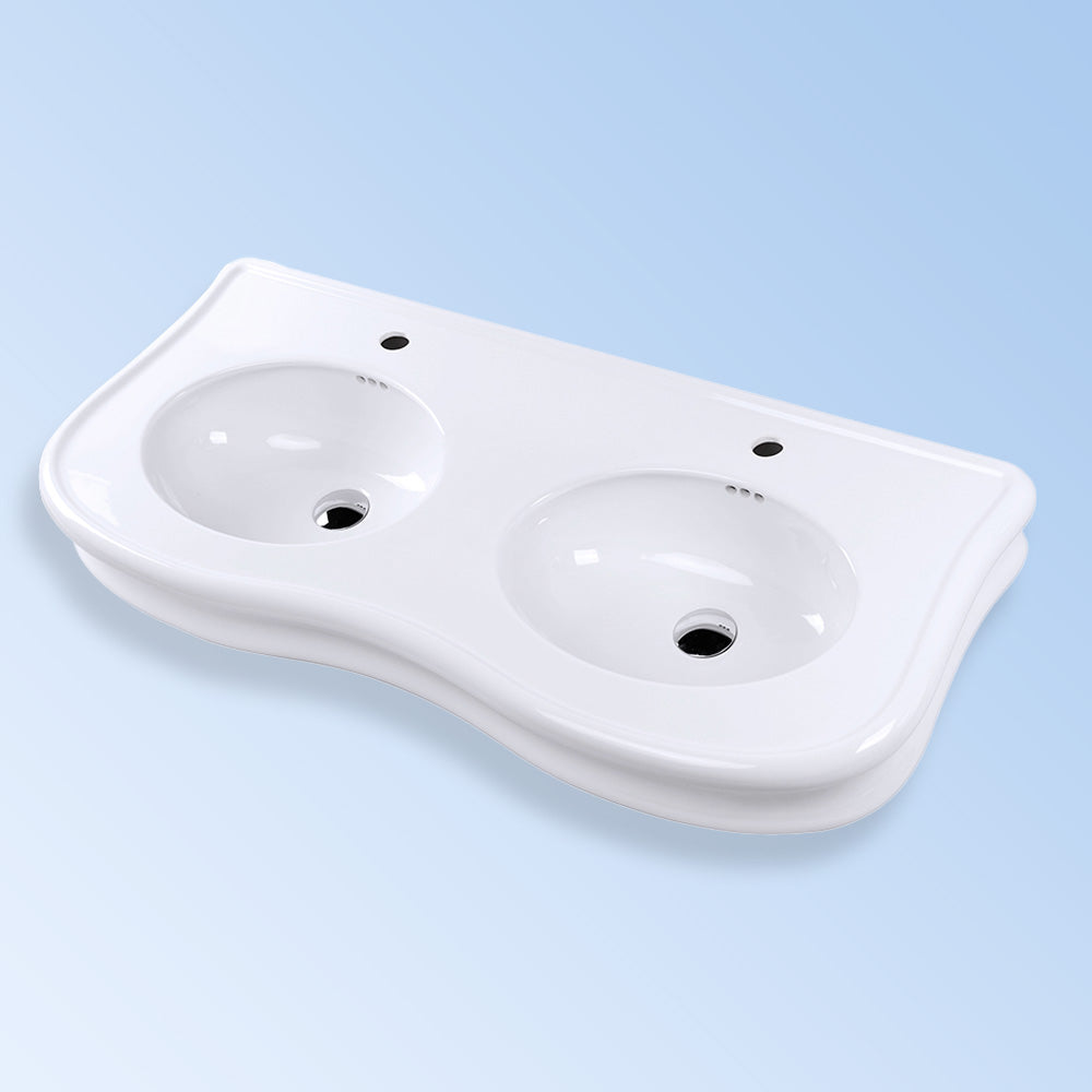 Lacava H253-02-001 - Wall-Mount Or Vanity Top Double-Bowl Porcelain Bathroom Sink With An Overflow, 00 - No Facet Hole, 01 - One Faucet Hole, 02 - Two Faucet Holes (Center & Right) Or 03 - Three Faucet Holes In 8" Spread.W: 47 1/4", D: 21 1/4", H: 8 1/4"