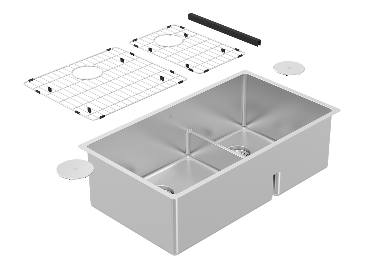 Zomodo MOC457DC(K) - 31" 60/40 Dbl Low Div Sink, Um, 16Ga, R15 (W/ Grids & Drain Covers)