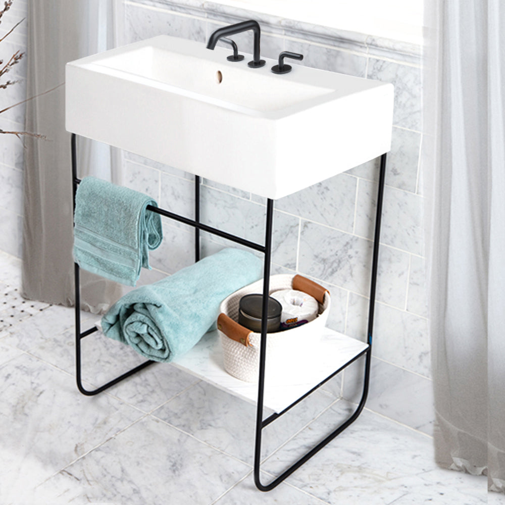 Lacava - Suave - Floor-Standing Welded Metal Console Stand With A Towel Bar And Shelf. It Must Be Attached To Wall. Sink 5464 Or Vessel Sink With Countertop Sua-25T Sold Separately. W: 22-3/4", D: 18-1/8", H: 29". Matte Black