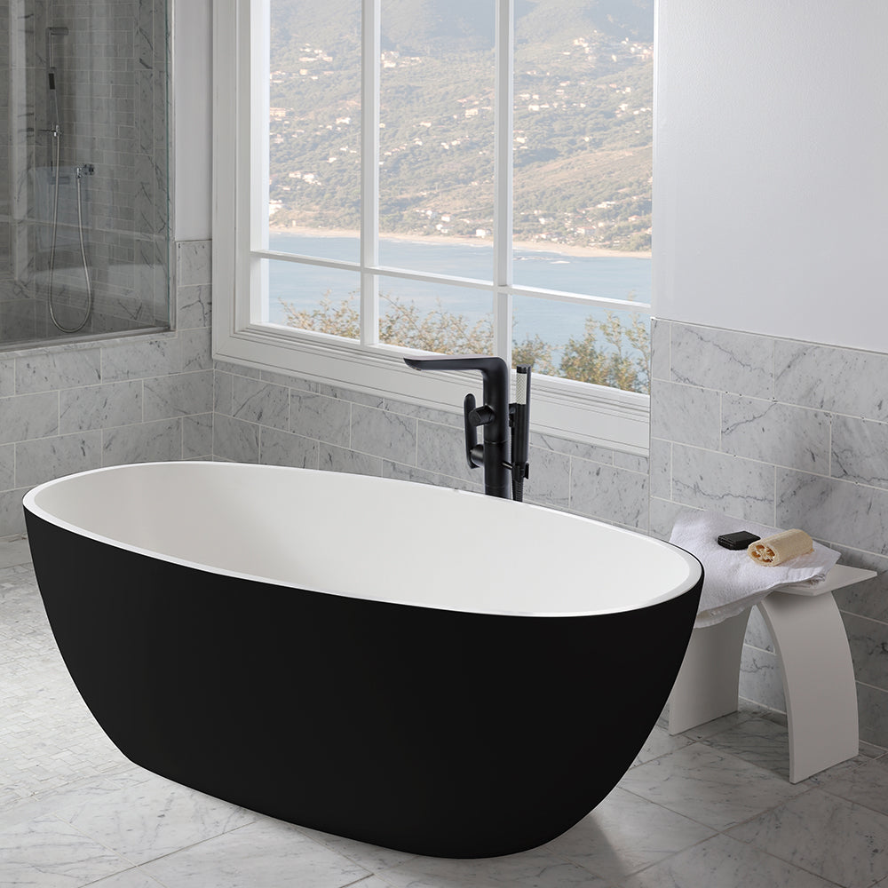 Lacava - Free-Standing Soaking Bathtub Made Of White Solid Surface With An Overflow And A Decorative Solid Surface Drain; Net Weight 298 Lbs, Water Capacity 73 Gal. W: 63", D:31 1/2", H:21 5/8".