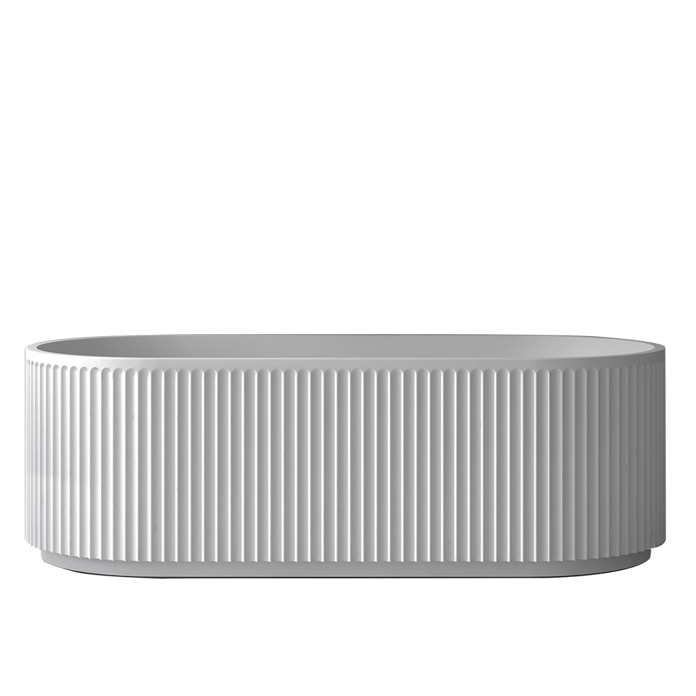 Lacava - Free-Standing Soaking Bathtub With Fluted Detailing Made Of White Solid Surface With Overflow And A Decorative Solid Surface Drain; Net Weight 353 Lbs, Water Capacity 77 Gal. Shipping Class 5. 67"W, 30-3/4"D, 21-5/8"H.