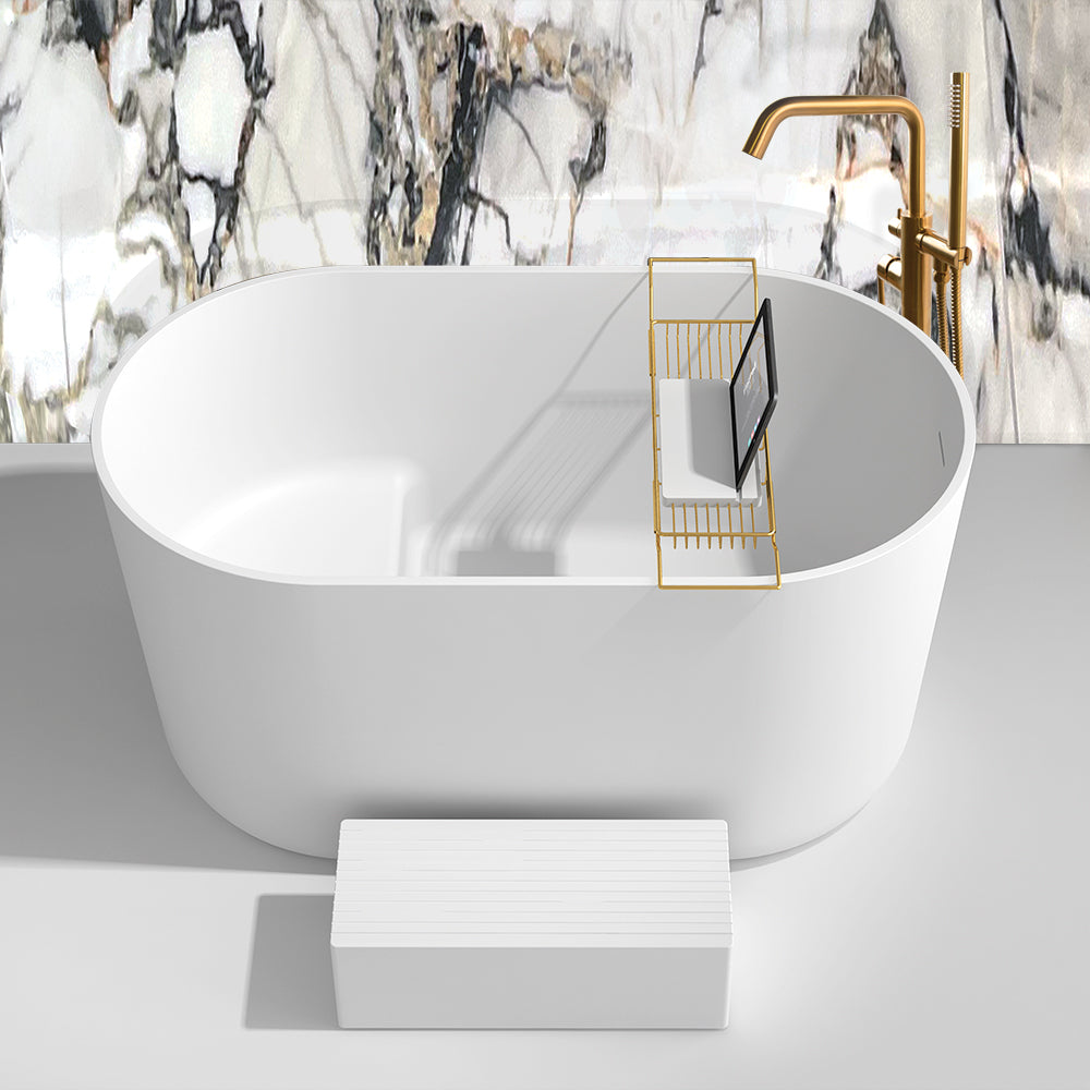 Lacava - Free-Standing Soaking Bathtub Made Of White Solid Surface With Overflow, A Decorative Solid Surface Drain And Step Included; Net Weight 331 Lbs, Water Capacity 84 Gal. Shipping Class 5. 53-1/8"W, 29-1/2"D, 29-1/2"H
