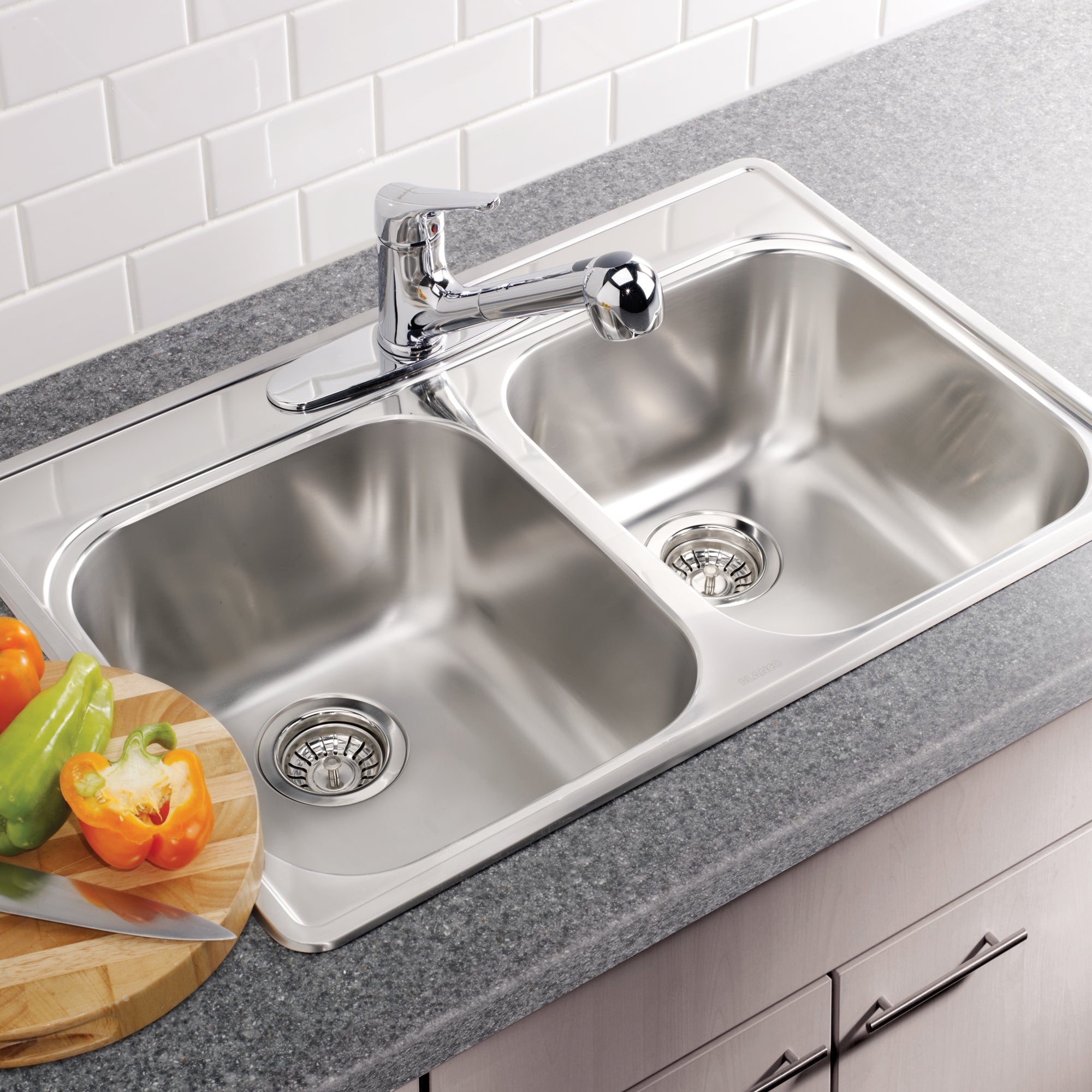 Blanco 400003- ESSENTIAL 2 (3 Holes) Drop-in Kitchen Sink, Stainless Steel - FaucetExpress.ca