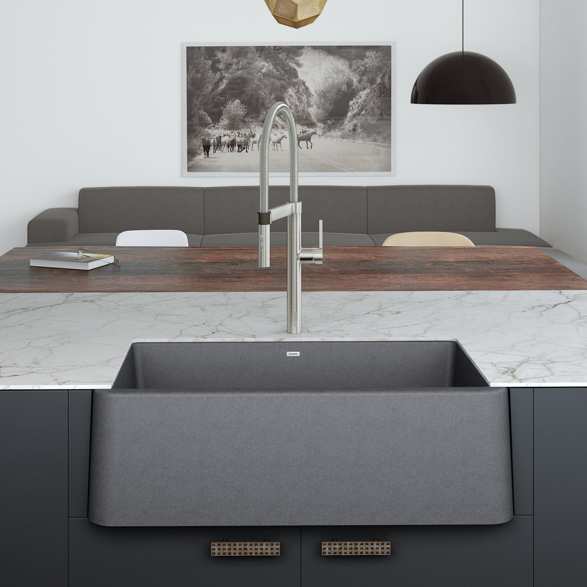 Blanco 401874- IKON 33 Farmhouse Kitchen Sink, SILGRANIT®, Metallic Gray - FaucetExpress.ca