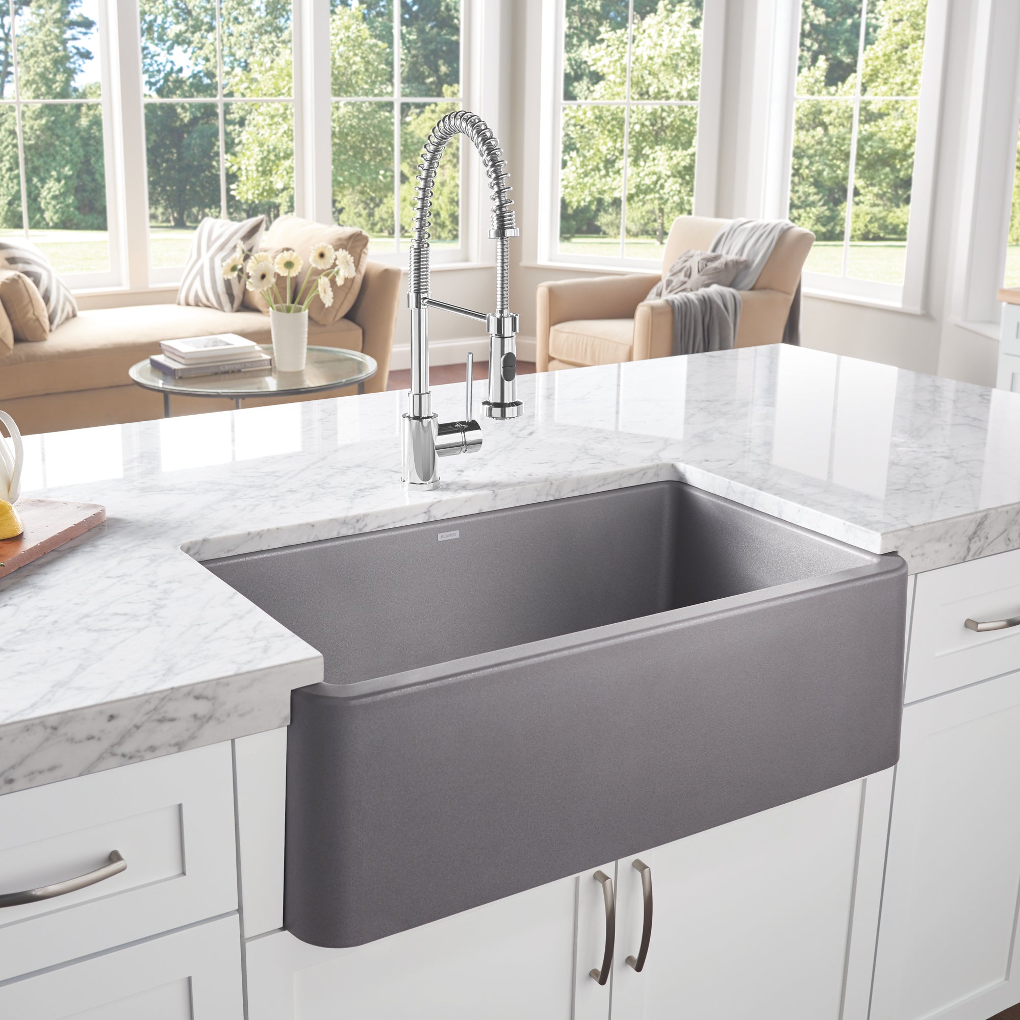 Blanco 401874- IKON 33 Farmhouse Kitchen Sink, SILGRANIT®, Metallic Gray - FaucetExpress.ca