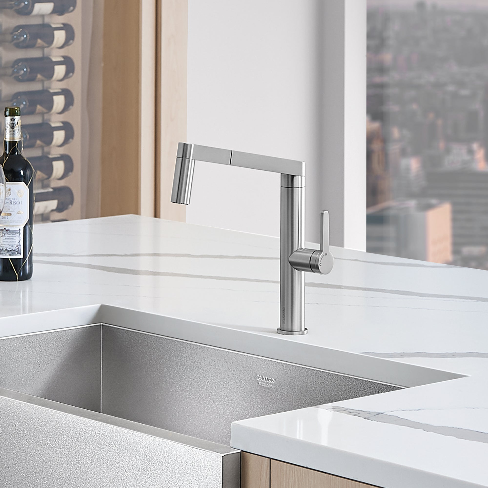 Blanco 402043- PANERA Low Arc Pull-Out Dual Spray Faucet, Stainless Steel - FaucetExpress.ca