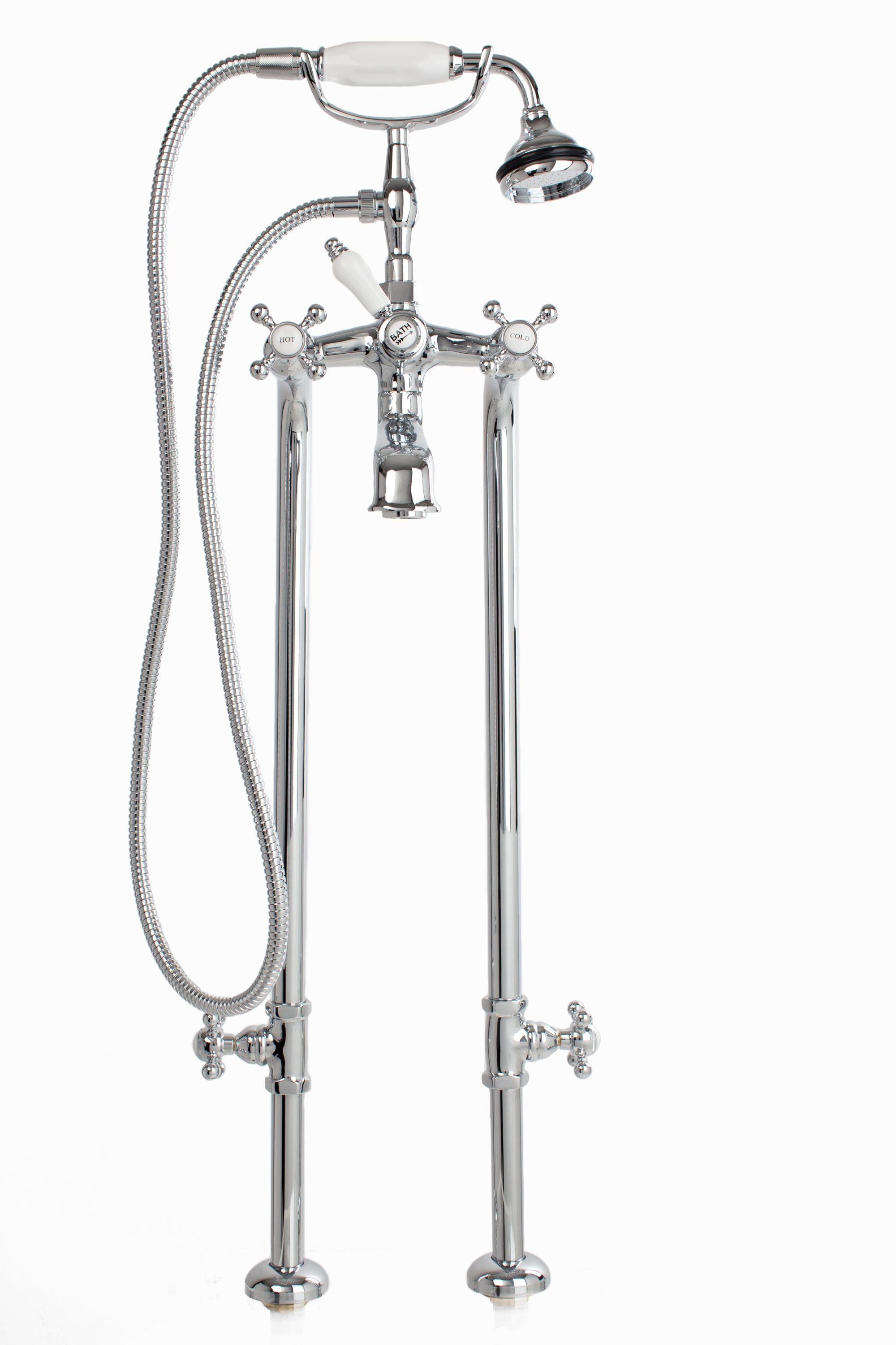 Cheviot 5102/3970-AB-LEV- 5100 SERIES Free-Standing Tub Filler with Stop Valves - Lever Handles - Porcelain Accents - FaucetExpress.ca