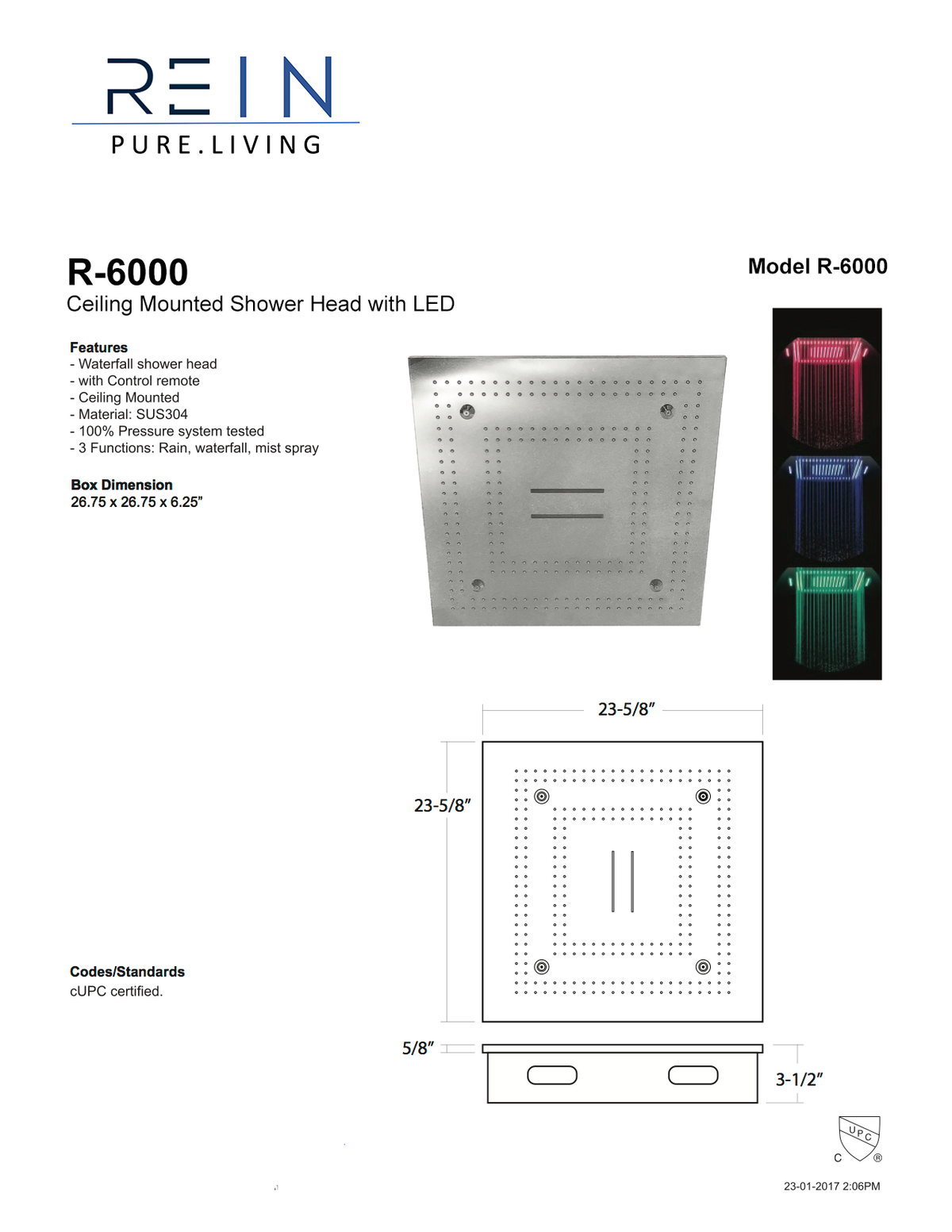 Rein R-6000-PC- Atlas LED Ceiling Mounted 3 Function Showerhead with Remote Control - FaucetExpress.ca