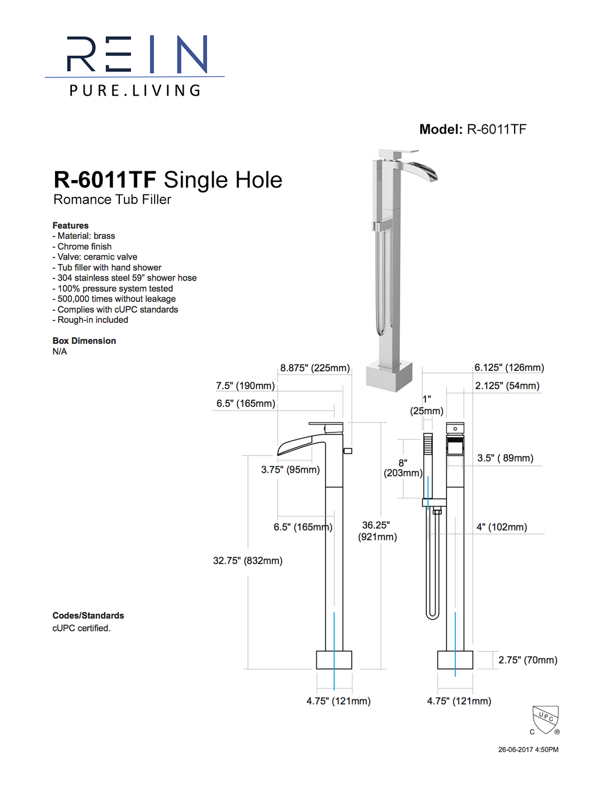 Rein R-6011TF-PC- Morpheus Freestanding Tub Filler w/ Handshower - FaucetExpress.ca