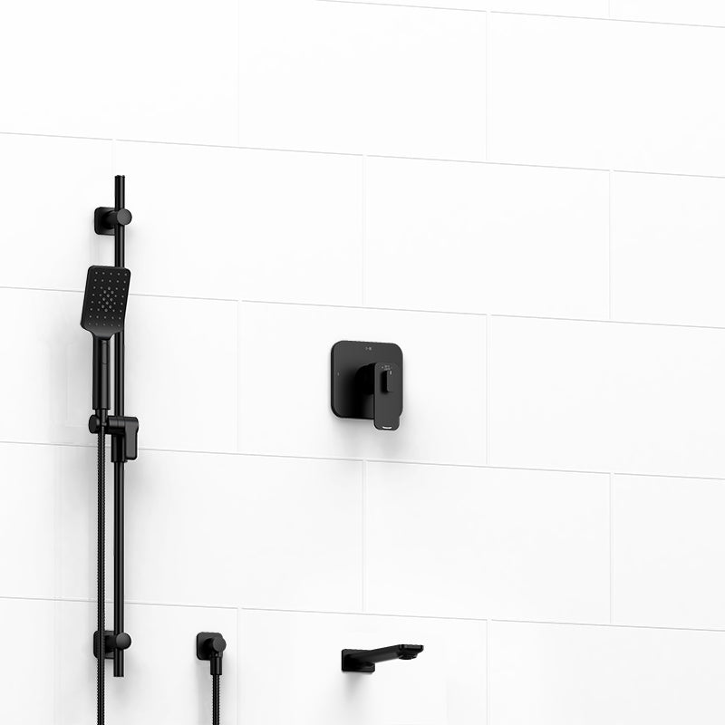 Riobel KIT#1244EQBK- ½" 2-way Type T/P (thermostatic/pressure balance) coaxial system with spout and hand shower rail | FaucetExpress.ca