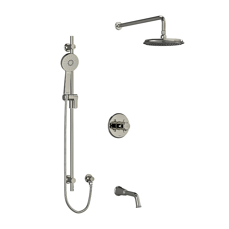 Riobel KIT#1345MMRD+PN- Type T/P (thermostatic/pressure balance) ½" coaxial 3-way system with hand shower rail, shower head and spout | FaucetExpress.ca