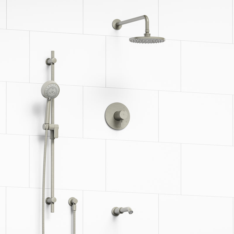 Riobel KIT#1345PATMBN- Type T/P (thermostatic/pressure balance) ½" coaxial 3-way system with hand shower rail, shower head and spout | FaucetExpress.ca