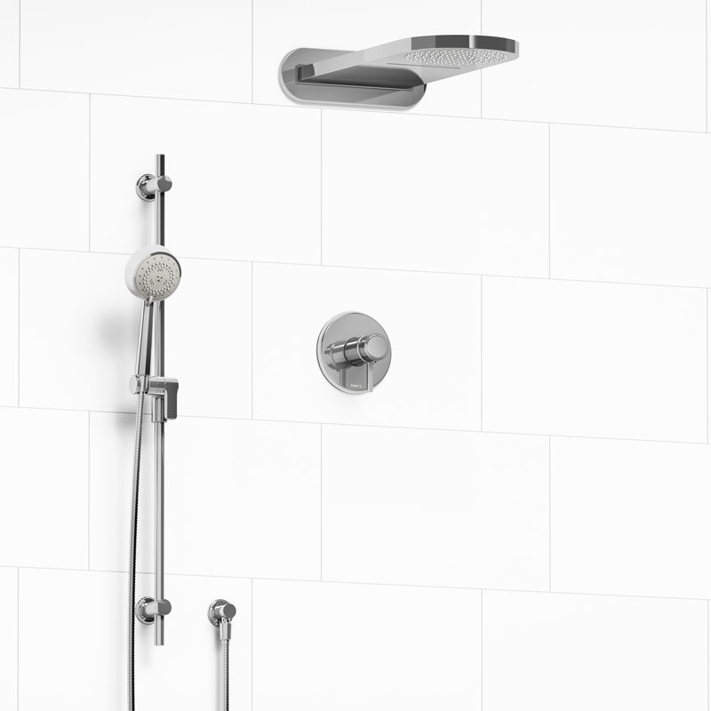 Riobel KIT#2745MMRDLC- Type T/P (thermostatic/pressure balance) ½" coaxial 3-way system with hand shower rail and rain and cascade shower head | FaucetExpress.ca