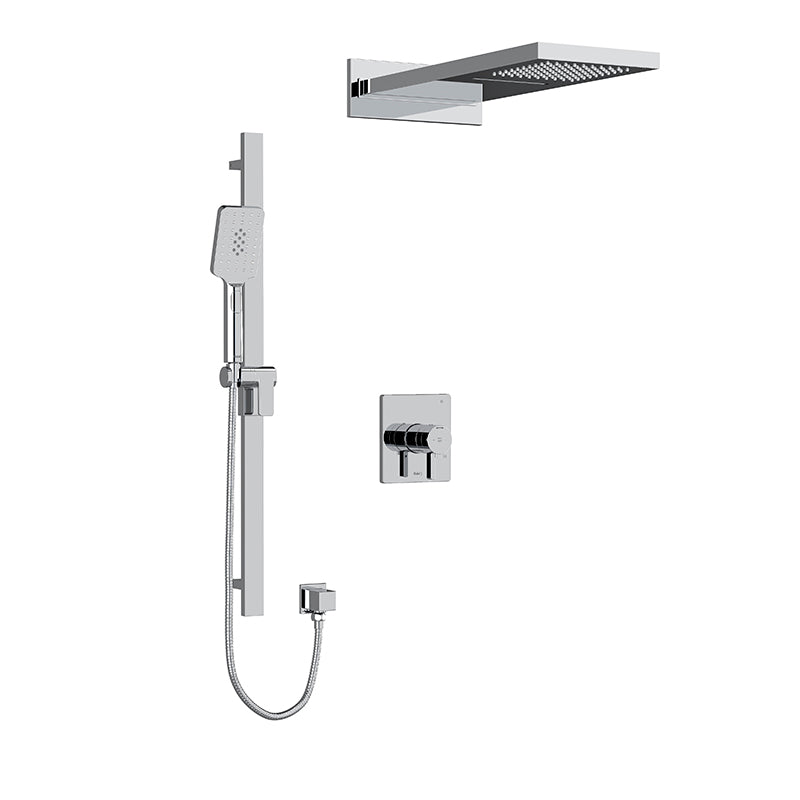 Riobel KIT#2745PXTQBG- Type T/P (thermostatic/pressure balance) ½" coaxial 3-way system with hand shower rail and rain and cascade shower head | FaucetExpress.ca