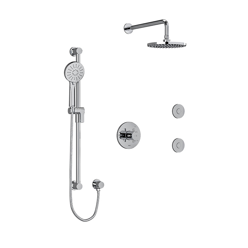 Riobel KIT#3545EDTM+C- Type T/P (thermostatic/pressure balance) ½" coaxial 3-way system, hand shower rail, elbow supply, shower head and 2 body jets | FaucetExpress.ca