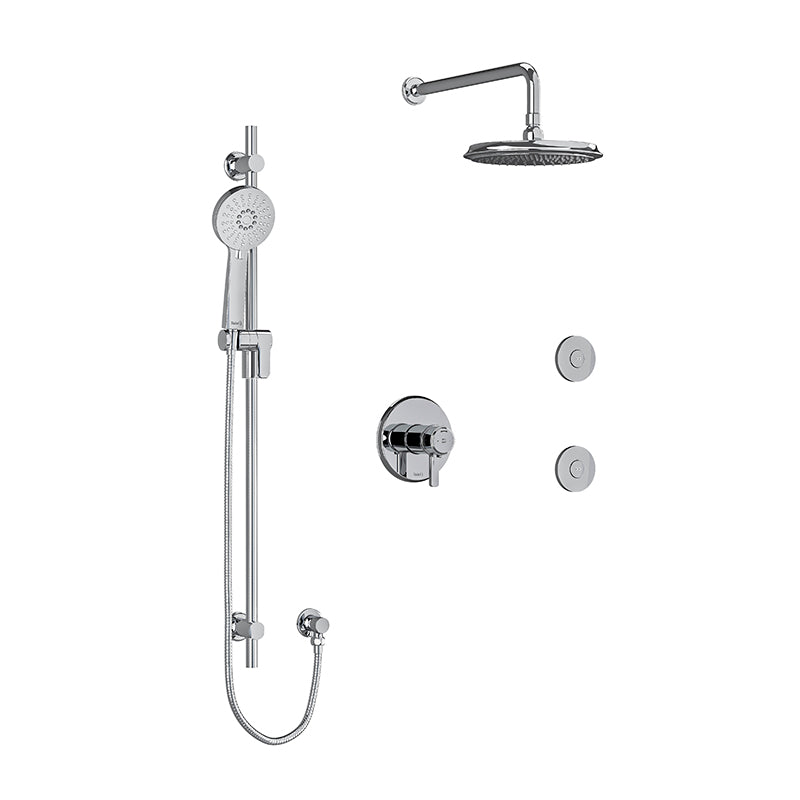 Riobel KIT#3545MMRDJC- Type T/P (thermostatic/pressure balance) ½" coaxial 3-way system, hand shower rail, elbow supply, shower head and 2 body jets | FaucetExpress.ca