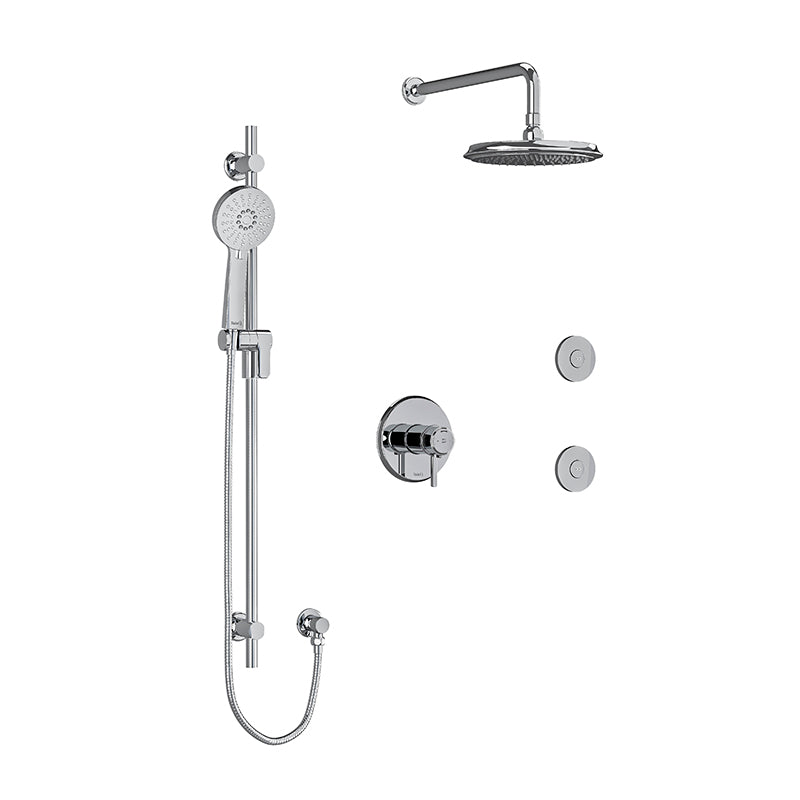 Riobel KIT#3545MMRDLC- Type T/P (thermostatic/pressure balance) ½" coaxial 3-way system, hand shower rail, elbow supply, shower head and 2 body jets | FaucetExpress.ca