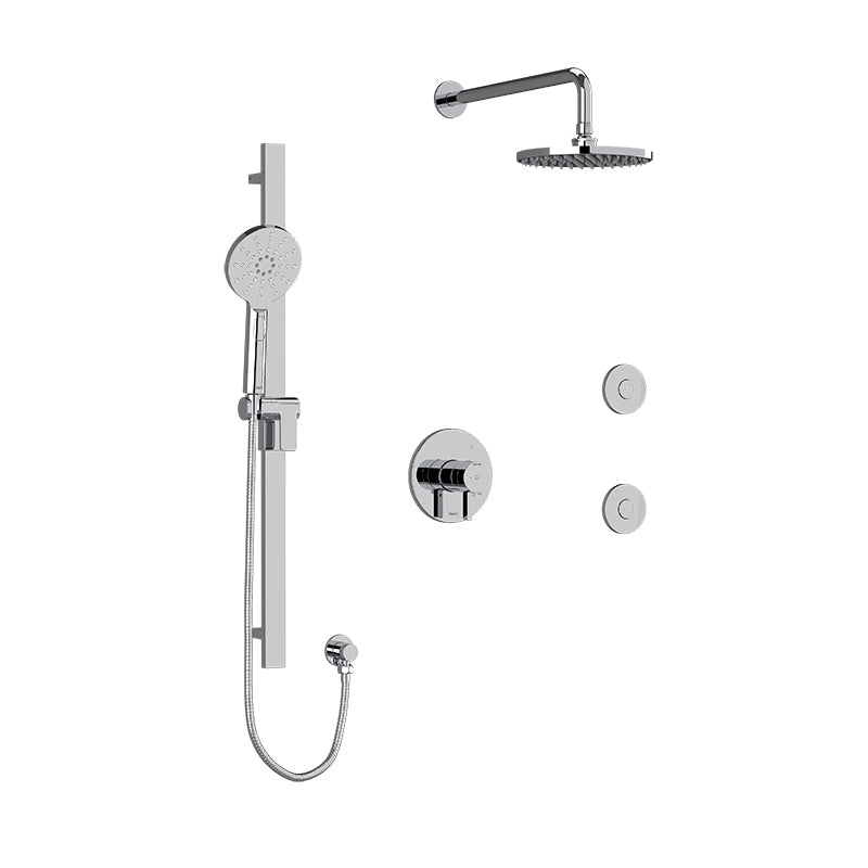 Riobel KIT#3545PXTMC- Type T/P (thermostatic/pressure balance) ½" coaxial 3-way system, hand shower rail, elbow supply, shower head and 2 body jets | FaucetExpress.ca