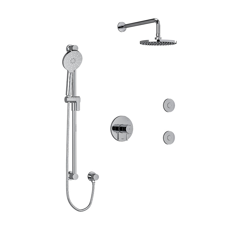 Riobel KIT#3545RUTMC- Type T/P (thermostatic/pressure balance) ½" coaxial 3-way system, hand shower rail, elbow supply, shower head and 2 body jets | FaucetExpress.ca