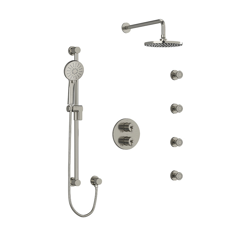 Riobel KIT#446CSTMBN- Type T/P (thermostatic/pressure balance) double coaxial system with hand shower rail, 4 body jets and shower head | FaucetExpress.ca