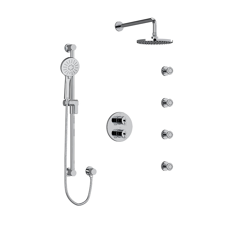 Riobel KIT#446CSTMC- Type T/P (thermostatic/pressure balance) double coaxial system with hand shower rail, 4 body jets and shower head | FaucetExpress.ca