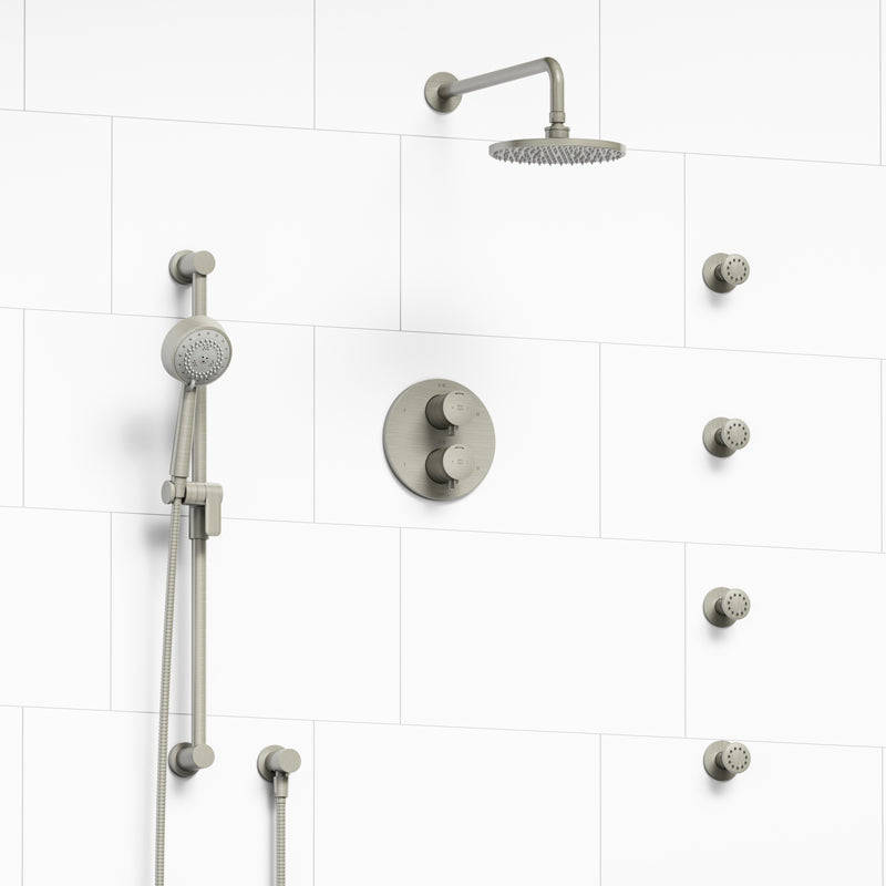 Riobel KIT#446EDTMBN- Type T/P (thermostatic/pressure balance) double coaxial system with hand shower rail, 4 body jets and shower head | FaucetExpress.ca