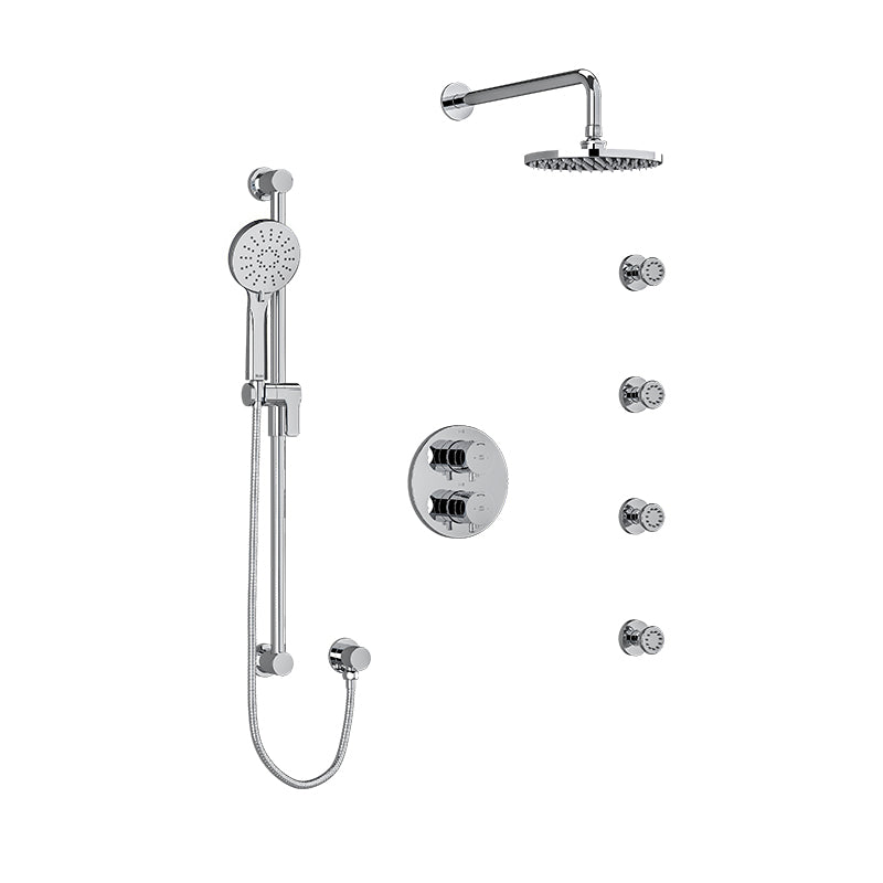 Riobel KIT#446EDTMC- Type T/P (thermostatic/pressure balance) double coaxial system with hand shower rail, 4 body jets and shower head | FaucetExpress.ca