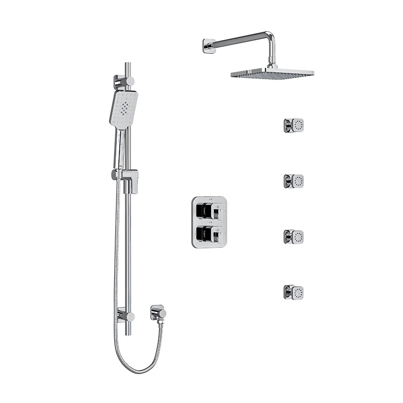 Riobel KIT#446EQBN- Type T/P (thermostatic/pressure balance) double coaxial system with hand shower rail, 4 body jets and shower head | FaucetExpress.ca