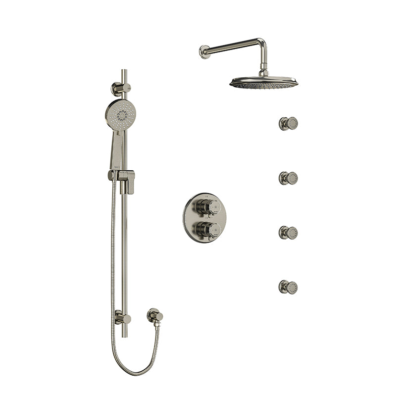 Riobel KIT#446MMRDJBN- Type T/P (thermostatic/pressure balance) double coaxial system with hand shower rail, 4 body jets and shower head | FaucetExpress.ca