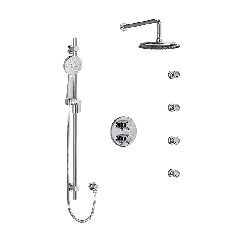 Riobel KIT#446MMRDJC- Type T/P (thermostatic/pressure balance) double coaxial system with hand shower rail, 4 body jets and shower head | FaucetExpress.ca