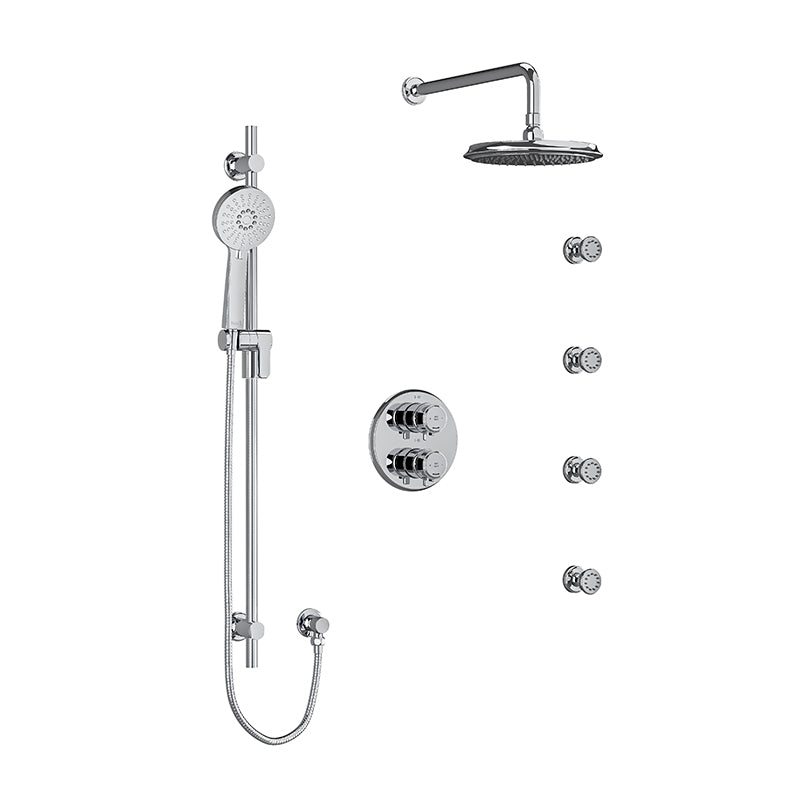 Riobel KIT#446MMRDLC- Type T/P (thermostatic/pressure balance) double coaxial system with hand shower rail, 4 body jets and shower head | FaucetExpress.ca