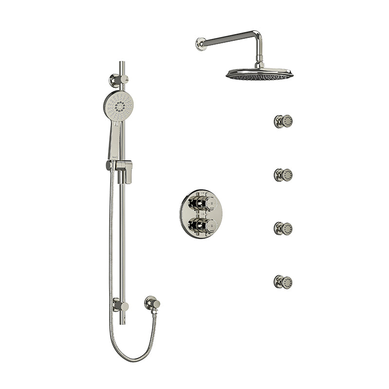 Riobel KIT#446MMRD+PN- Type T/P (thermostatic/pressure balance) double coaxial system with hand shower rail, 4 body jets and shower head | FaucetExpress.ca