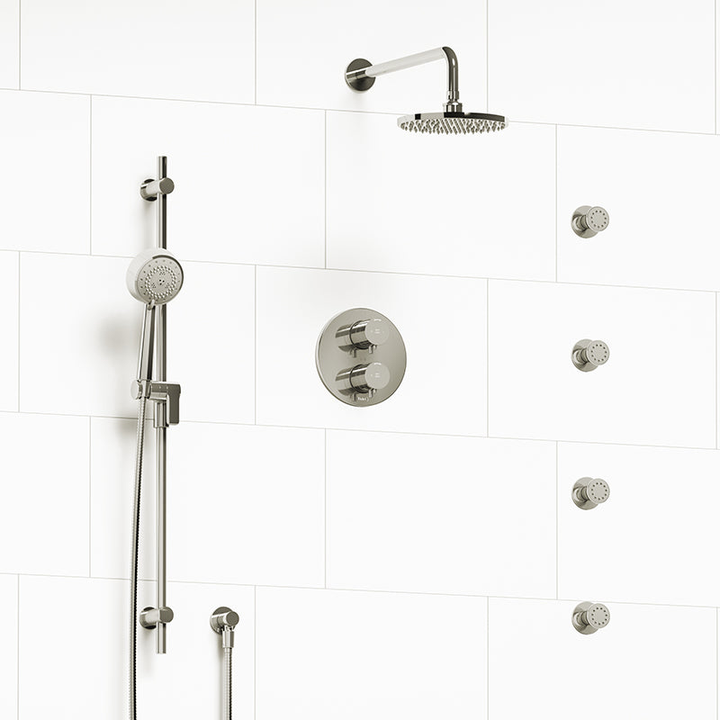 Riobel KIT#446PATMPN- Type T/P (thermostatic/pressure balance) double coaxial system with hand shower rail, 4 body jets and shower head | FaucetExpress.ca