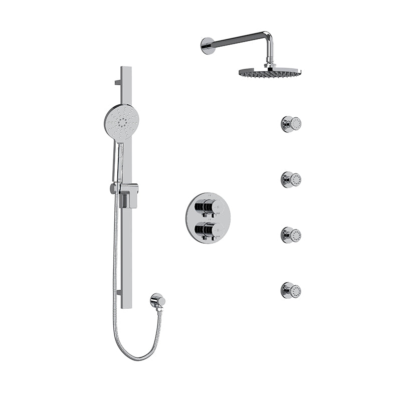 Riobel KIT#446PXTMC- Type T/P (thermostatic/pressure balance) double coaxial system with hand shower rail, 4 body jets and shower head | FaucetExpress.ca