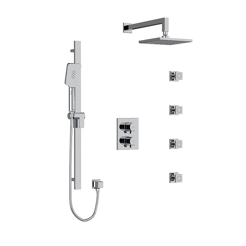 Riobel KIT#446PXTQC- Type T/P (thermostatic/pressure balance) double coaxial system with hand shower rail, 4 body jets and shower head | FaucetExpress.ca